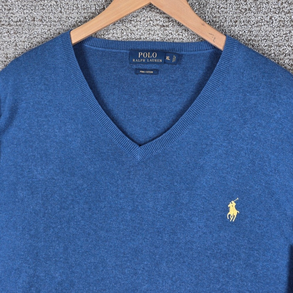 Polo Ralph Lauren Mens XL Blue Pima Cotton V-Neck Sweater Yellow Pony Logo - Picture 2 of 7